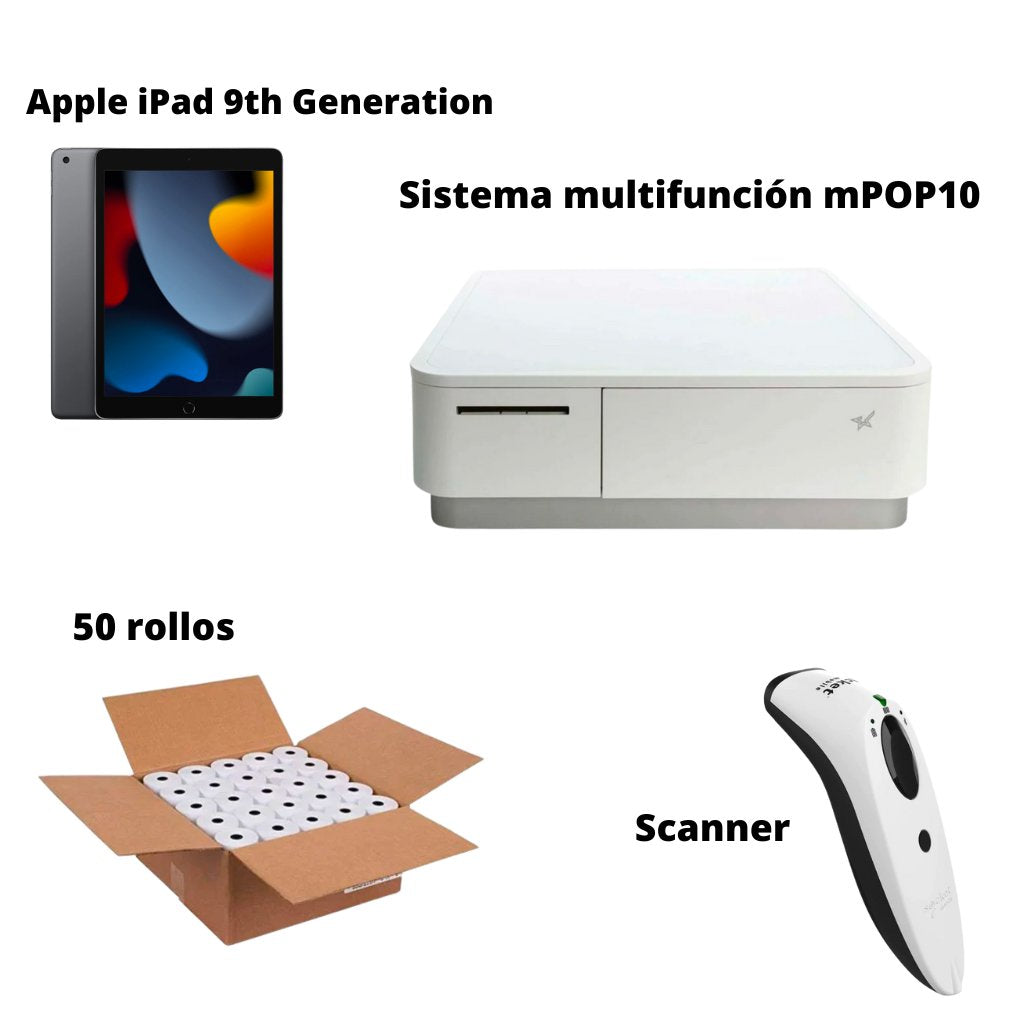 Paquete Básico: Apple iPad, Sistema multifunción mPOP10, SocketScan S740 Mobile 2D, 50 rollos de papel térmico