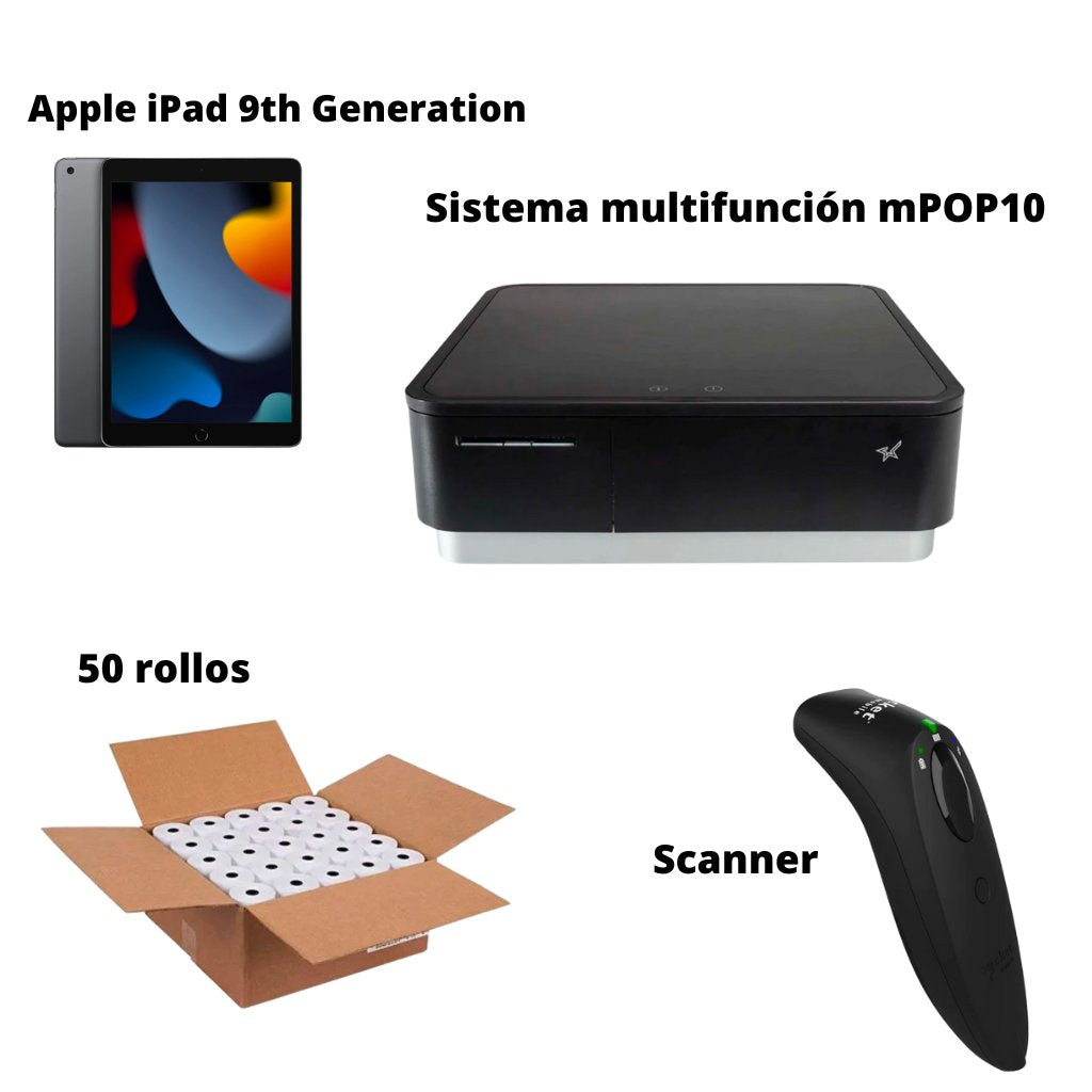 Paquete Básico: Apple iPad, Sistema multifunción mPOP10, SocketScan S740 Mobile 2D, 50 rollos de papel térmico